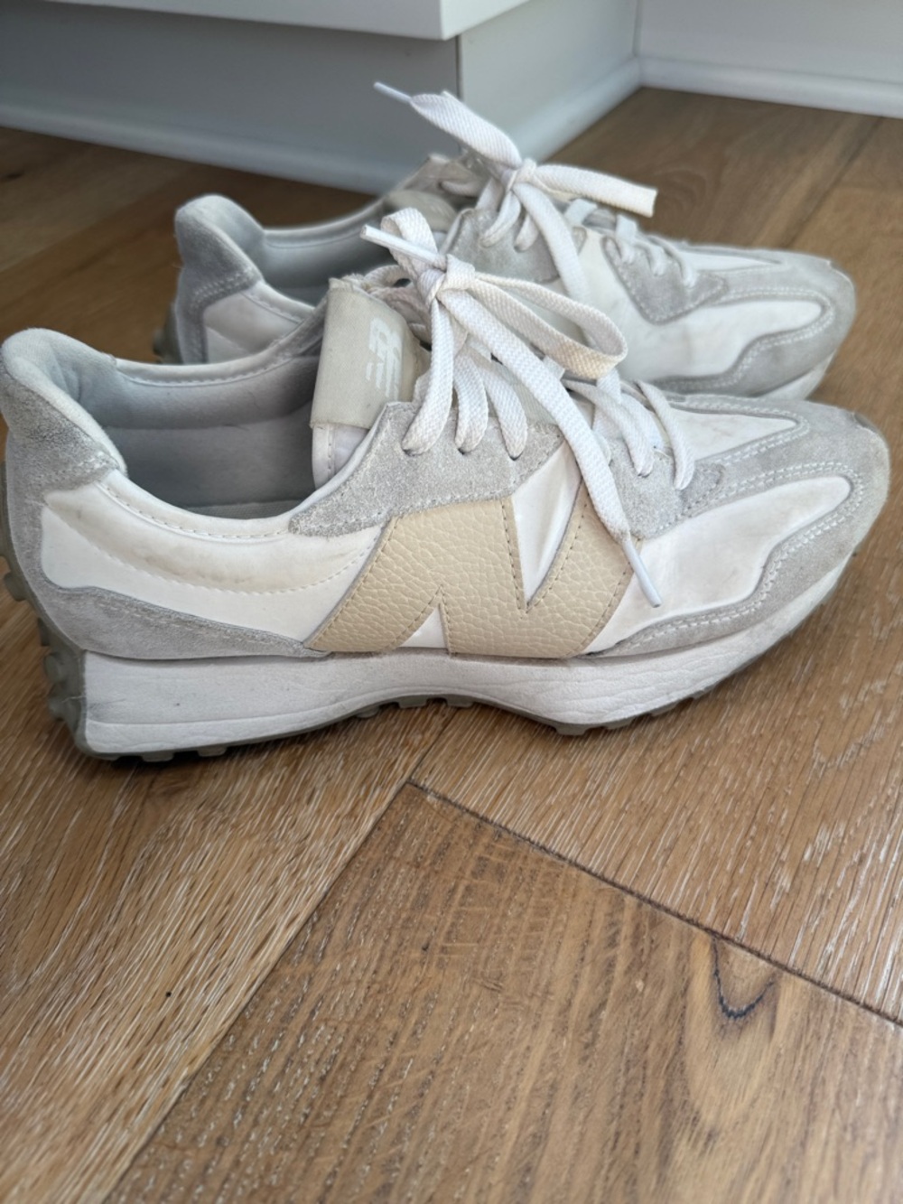 New Balance 327 Cream and Light Gray Suede Leather Sneakers